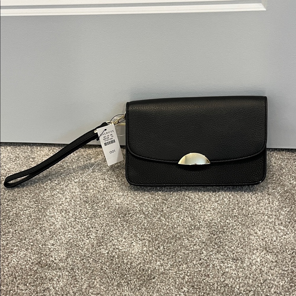 NWT Talbots Black Leather Wristlet Clutch